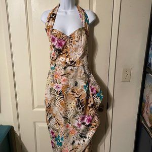 Khaki Multi-Color Floral Halter Neck Vivienne of Holloway Sarong Dress Size 16